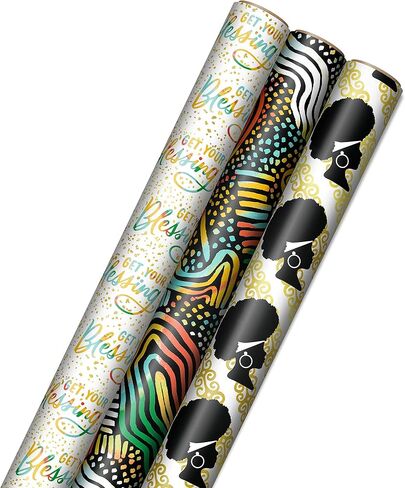Hallmark Mahogany Wrapping Paper with Cutlines on Reverse (3 Rolls: 75 sq. ft. ttl) "Get Your Blessing" for Birthdays, Weddings, Bridal Showers, Gold, Black, Red, Yellow, Green, White, (0005EWR6549) in Saudi Arabia