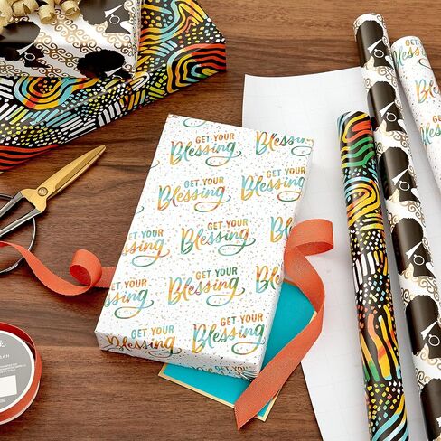 Hallmark Mahogany Wrapping Paper with Cutlines on Reverse (3 Rolls: 75 sq. ft. ttl) "Get Your Blessing" for Birthdays, Weddings, Bridal Showers, Gold, Black, Red, Yellow, Green, White, (0005EWR6549) in Saudi Arabia