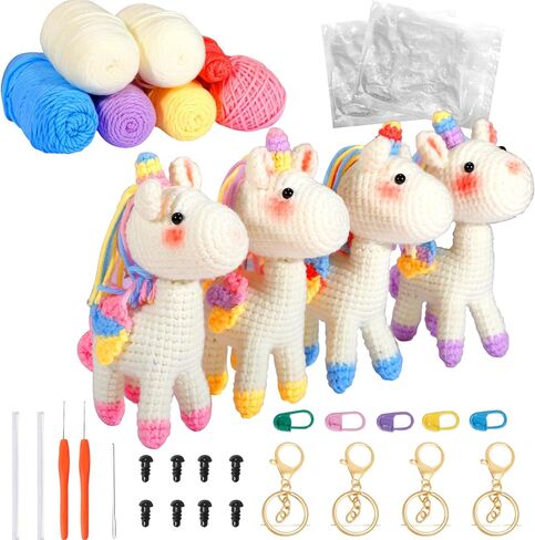 مجموعة الكروشيه للمبتدئين من AUGVO، مجموعة حياكة الكروشيه، مجموعة حيوانات الكروشيه للمبتدئين مع غزل لألياف البوليستر وحيد القرن، وخطافات الكروشيه، فيديو تعليمات خطوة بخطوة، فن الحرف اليدوية DIY in Kuwait