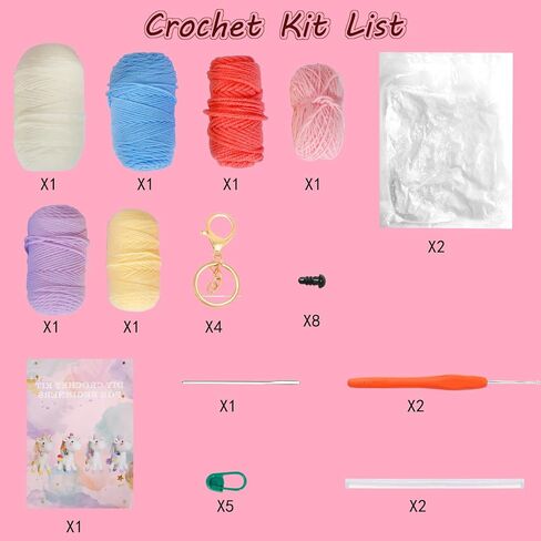 مجموعة الكروشيه للمبتدئين من AUGVO، مجموعة حياكة الكروشيه، مجموعة حيوانات الكروشيه للمبتدئين مع غزل لألياف البوليستر وحيد القرن، وخطافات الكروشيه، فيديو تعليمات خطوة بخطوة، فن الحرف اليدوية DIY in Kuwait