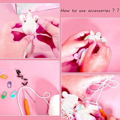 مجموعة الكروشيه للمبتدئين من AUGVO، مجموعة حياكة الكروشيه، مجموعة حيوانات الكروشيه للمبتدئين مع غزل لألياف البوليستر وحيد القرن، وخطافات الكروشيه، فيديو تعليمات خطوة بخطوة، فن الحرف اليدوية DIY in Kuwait