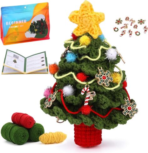 SOTYIOO Crochet Kit for Beginners, Christmas Tree Crochet Set DIY Gift for Starters Adult Kids Instruction and Video Tutorials (40%+ Yarn) in Kuwait