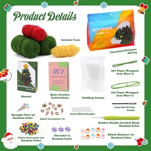 SOTYIOO Crochet Kit for Beginners, Christmas Tree Crochet Set DIY Gift for Starters Adult Kids Instruction and Video Tutorials (40%+ Yarn) in Kuwait