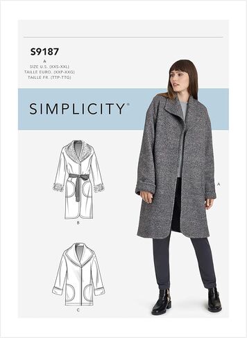 Simplicity (XXS-XS-S-M-L-XL-XXL) SS9187A Misses' Relaxed fit Jacket & Coat Have Shaped, Sleeve Pocket Detail Includes Fur Collar, Cuffs & Suede or Leather Belt in Saudi Arabia