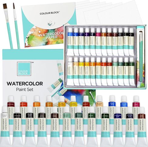 COLOUR BLOCK 32 Ultimate Watercolor Paint Set for Adults and Artists, Contains 24 Vibrant Colors, 2 Brushes, 6 Sheets Watercolor Paper, Perfect for School Supplies in Kuwait