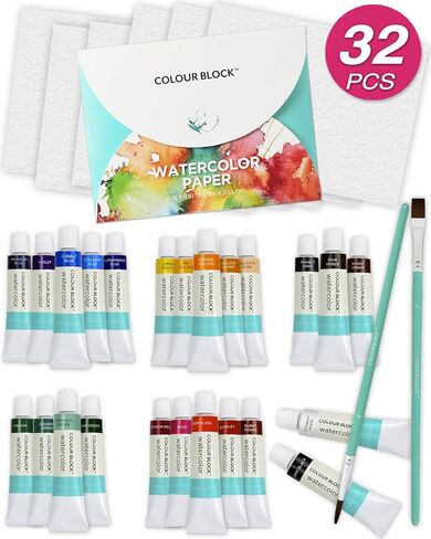 COLOUR BLOCK 32 Ultimate Watercolor Paint Set for Adults and Artists, Contains 24 Vibrant Colors, 2 Brushes, 6 Sheets Watercolor Paper, Perfect for School Supplies in Kuwait