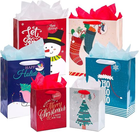 نيهوكني 12 عبوة من اكياس هدايا الكريسماس باحجام متنوعة مع مقابض، اكياس هدايا الكريسماس مع مناديل ورقية لهدايا العطلات والعائلة والحفلات المدرسية وغيرها (4 XL 15 انش، 4 L 13 انش، 4 M 9 انش) in Kuwait