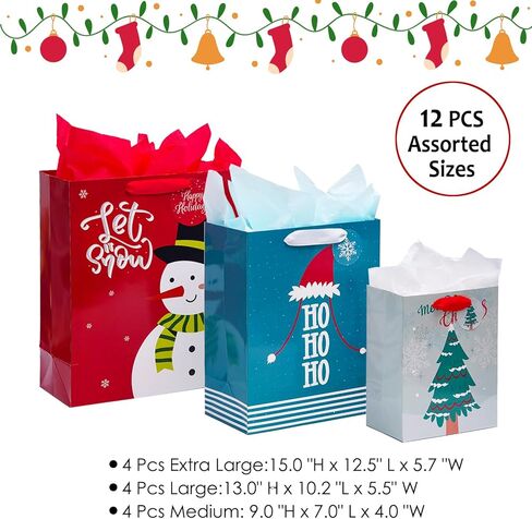 نيهوكني 12 عبوة من اكياس هدايا الكريسماس باحجام متنوعة مع مقابض، اكياس هدايا الكريسماس مع مناديل ورقية لهدايا العطلات والعائلة والحفلات المدرسية وغيرها (4 XL 15 انش، 4 L 13 انش، 4 M 9 انش) in Kuwait