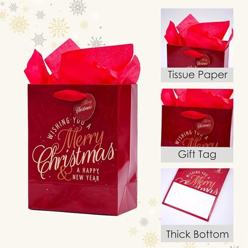 نيهوكني 12 عبوة من اكياس هدايا الكريسماس باحجام متنوعة مع مقابض، اكياس هدايا الكريسماس مع مناديل ورقية لهدايا العطلات والعائلة والحفلات المدرسية وغيرها (4 XL 15 انش، 4 L 13 انش، 4 M 9 انش) in Kuwait