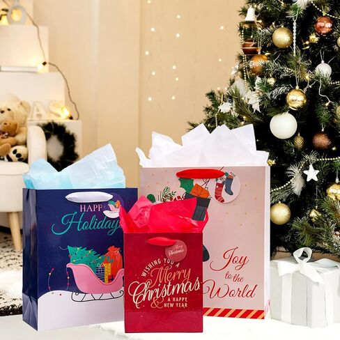 نيهوكني 12 عبوة من اكياس هدايا الكريسماس باحجام متنوعة مع مقابض، اكياس هدايا الكريسماس مع مناديل ورقية لهدايا العطلات والعائلة والحفلات المدرسية وغيرها (4 XL 15 انش، 4 L 13 انش، 4 M 9 انش) in Kuwait