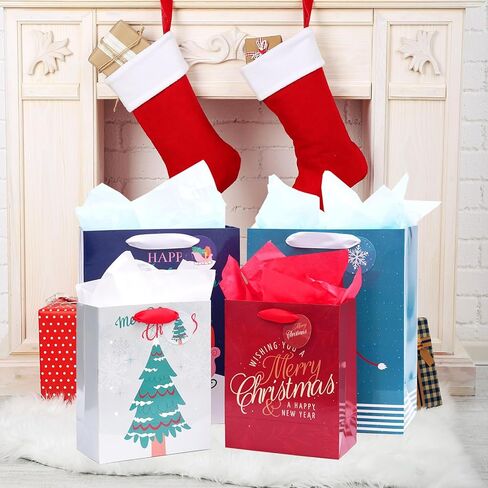 نيهوكني 12 عبوة من اكياس هدايا الكريسماس باحجام متنوعة مع مقابض، اكياس هدايا الكريسماس مع مناديل ورقية لهدايا العطلات والعائلة والحفلات المدرسية وغيرها (4 XL 15 انش، 4 L 13 انش، 4 M 9 انش) in Kuwait