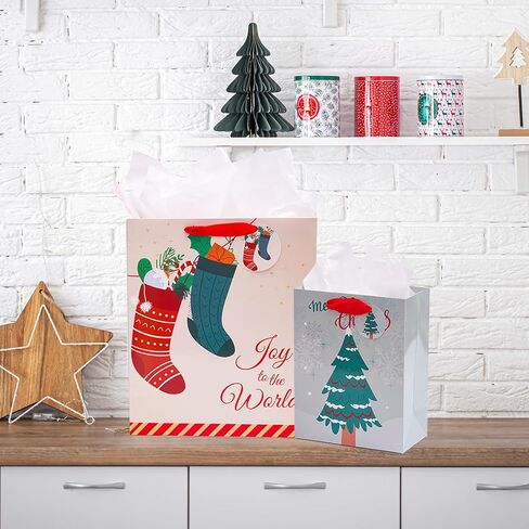 نيهوكني 12 عبوة من اكياس هدايا الكريسماس باحجام متنوعة مع مقابض، اكياس هدايا الكريسماس مع مناديل ورقية لهدايا العطلات والعائلة والحفلات المدرسية وغيرها (4 XL 15 انش، 4 L 13 انش، 4 M 9 انش) in Kuwait