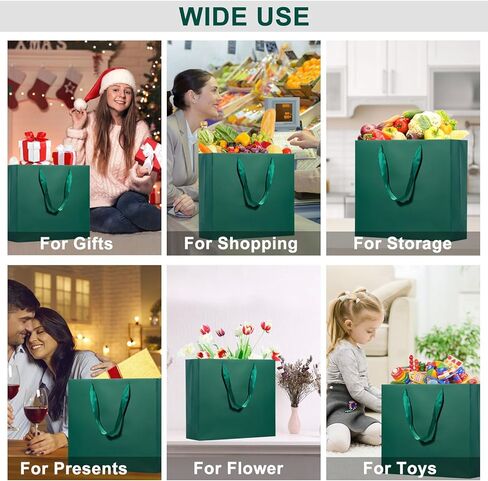 شنطة هدايا خضراء كبيرة مع مقابض شريطية 12.6 × 4.5 × 11 انش، اكياس هدايا خضراء داكنة داكنة قابلة لاعادة الاستخدام شديدة التحمل وقابلة لاعادة الاستخدام للتسوق والزفاف من يوموفاين in Kuwait