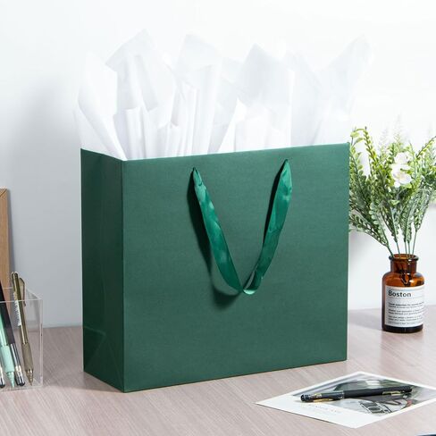 شنطة هدايا خضراء كبيرة مع مقابض شريطية 12.6 × 4.5 × 11 انش، اكياس هدايا خضراء داكنة داكنة قابلة لاعادة الاستخدام شديدة التحمل وقابلة لاعادة الاستخدام للتسوق والزفاف من يوموفاين in Kuwait