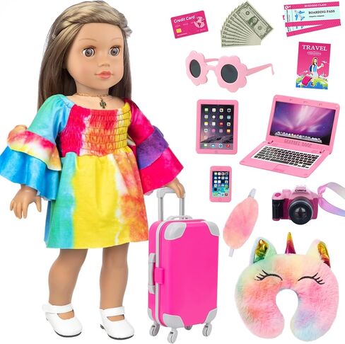UNICORN ELEMENT 13 قطعة من ملابس الدمى للفتيات مقاس 18 بوصة وإكسسواراتها مجموعة ألعاب أمتعة السفر بما في ذلك حقيبة الألعاب والكاميرا والنظارات الشمسية والهاتف والكمبيوتر وجواز السفر وما إلى ذلك (بدون دمية) in Kuwait