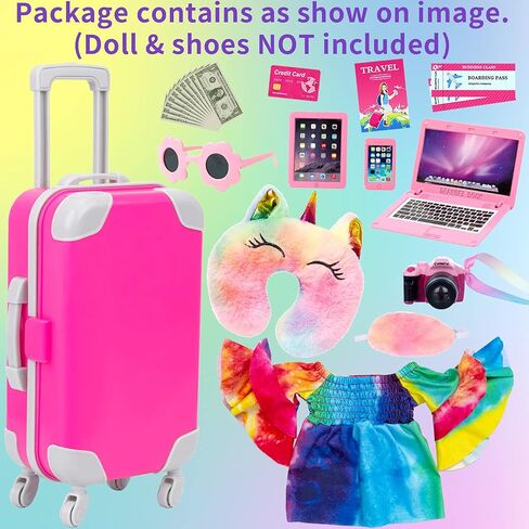 UNICORN ELEMENT 13 قطعة من ملابس الدمى للفتيات مقاس 18 بوصة وإكسسواراتها مجموعة ألعاب أمتعة السفر بما في ذلك حقيبة الألعاب والكاميرا والنظارات الشمسية والهاتف والكمبيوتر وجواز السفر وما إلى ذلك (بدون دمية) in Kuwait