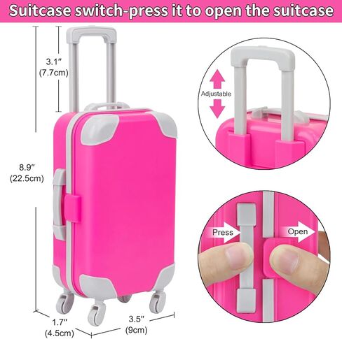 UNICORN ELEMENT 13 قطعة من ملابس الدمى للفتيات مقاس 18 بوصة وإكسسواراتها مجموعة ألعاب أمتعة السفر بما في ذلك حقيبة الألعاب والكاميرا والنظارات الشمسية والهاتف والكمبيوتر وجواز السفر وما إلى ذلك (بدون دمية) in Kuwait