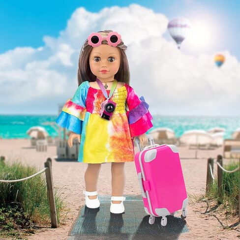 UNICORN ELEMENT 13 قطعة من ملابس الدمى للفتيات مقاس 18 بوصة وإكسسواراتها مجموعة ألعاب أمتعة السفر بما في ذلك حقيبة الألعاب والكاميرا والنظارات الشمسية والهاتف والكمبيوتر وجواز السفر وما إلى ذلك (بدون دمية) in Kuwait