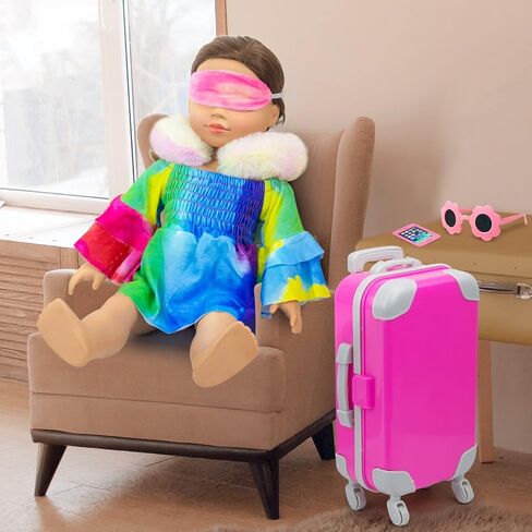 UNICORN ELEMENT 13 قطعة من ملابس الدمى للفتيات مقاس 18 بوصة وإكسسواراتها مجموعة ألعاب أمتعة السفر بما في ذلك حقيبة الألعاب والكاميرا والنظارات الشمسية والهاتف والكمبيوتر وجواز السفر وما إلى ذلك (بدون دمية) in Kuwait