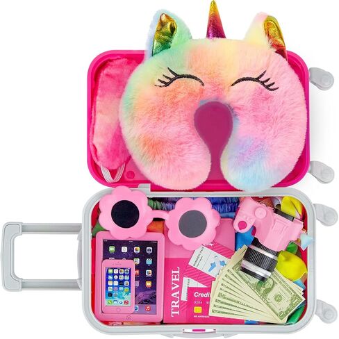 UNICORN ELEMENT 13 قطعة من ملابس الدمى للفتيات مقاس 18 بوصة وإكسسواراتها مجموعة ألعاب أمتعة السفر بما في ذلك حقيبة الألعاب والكاميرا والنظارات الشمسية والهاتف والكمبيوتر وجواز السفر وما إلى ذلك (بدون دمية) in Kuwait