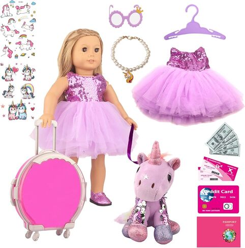 15 قطعة من ملابس وإكسسوارات الدمى للفتيات مقاس 18 بوصة - حقيبة سفر كبيرة وحقيبة سفر ونظارات شمسية لدمية يونيكورن وقلادة جواز السفر ومجموعة لعب للسفر تناسب إكسسوارات الدمى من جيلنا (النمط 3) in Kuwait