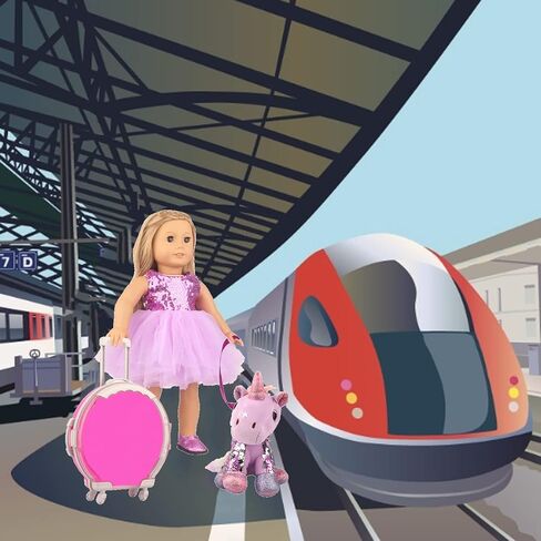 15 قطعة من ملابس وإكسسوارات الدمى للفتيات مقاس 18 بوصة - حقيبة سفر كبيرة وحقيبة سفر ونظارات شمسية لدمية يونيكورن وقلادة جواز السفر ومجموعة لعب للسفر تناسب إكسسوارات الدمى من جيلنا (النمط 3) in Kuwait