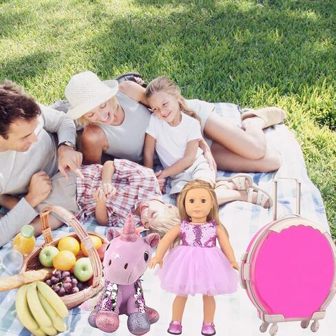 15 قطعة من ملابس وإكسسوارات الدمى للفتيات مقاس 18 بوصة - حقيبة سفر كبيرة وحقيبة سفر ونظارات شمسية لدمية يونيكورن وقلادة جواز السفر ومجموعة لعب للسفر تناسب إكسسوارات الدمى من جيلنا (النمط 3) in Kuwait