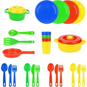 FLORMOON Play Dishes Set - 27pcs Durable Pretend Play Cooking Toys - Super Sturdy, BPA Free, Food Safe, Phthalate Free - Kid Dishes Kitchen Toys for Boys and Girls 2+ Years