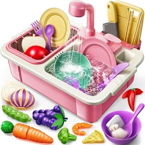 Geyiie Play Sink with Running Water, Toddler Kitchen Sink Toy with Real Faucet, Chopping Foods, Play Dishes and Dish Rack, 30Pcs Pretend Dishwasher Toys Accessories, Learning Gift for Girls Boys