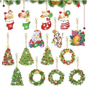 GLOYER 15 Pieces Christmas Diamond Art Ornaments Double Sided Diamond Painting Keychains 5D Painting Round Drill Pendant Crystal Rhinestone Gem Arts Craft for Christmas Decorations Supplies Gift in Kuwait