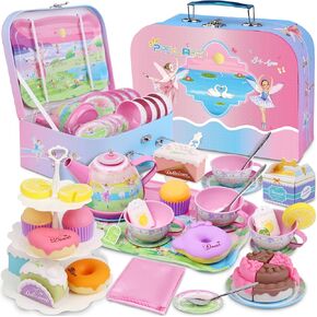 Tea Party Set for Little Girls,PRE-WORLD Princess Tea Time Toy Including Dessert,Cookies,Doughnut,Teapot Tray Cake, Tablecloth & Carrying Case,Kids Kitchen Pretend Play for Girls Boys Age 3-6