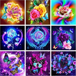 فاين جير باو 9 عبوات من مجموعات الرسم الماسي 5D للبالغين، فن ماسي يدوي للبالغين، فن كريستال مثقوب بالكامل لتزيين جدار المنزل، 11.8 انش × 11.8 انش (زهور) in Kuwait