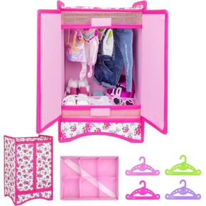 إكسسوارات دمية للبنات من إيكوري فن 45.72 سم خزانة ملابس وإكسسوارات الدمى الأنيقة لتخزين ملابس وإكسسوارات الدمى يشمل خزانة الدمية وشماعات in Kuwait