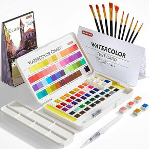 Watercolor Paint Set, Shuttle Art 48 Colors Watercolor Paint in Half Pans with 2 Water Brush Pens, 10 Paint Brushes, 1 Watercolor Pad, 1 Palette, 2 Color Charts, Watercolor Kit for KidsAdults, Artists