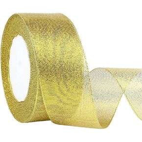 1 1/2 inch Gold Glitter Ribbon, Sparkly Metallic Fabric Ribbons for Gifts Wrapping,Christmas Tree Decoration, Crafts, Wreath, Garland(25yards)
