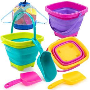 Sloosh 3 Packs Foldable Bucket - Collapsible Bucket with Sand Shovels and Mesh Backpack for Kids Toddlers Beach Toys, Easter Egg Hunt, Camping, Travelling and Fishing Water Pail (Pink/Purple/Green) in Kuwait