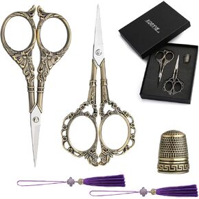2 Pairs Embroidery Scissors Set, Sewing Scissors Stainless Steel, Vintage European Design Scissors with Tassel,Thimble, DIY Tools Dressmaker Shears for Fabric, Embroidery, Needlework (Green patina)