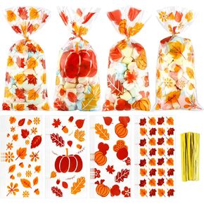 BOEIAC Thanksgiving Treat Bags,100 Pcs Thanksgiving Fall Cellophane Treat Bags, Plastic Autumn Maple Leaves Pumpkin Candy Goodie Bags with Twist Ties for Thanksgiving Fall Theme Party Favor