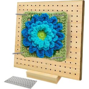 11.8 Inches Blocking Board for Crocheting, SUVEUS Bamboo Board with 20 Pcs 3.9" Steel Pins for Granny Squares and Knitting Crochet, Crochet Accessories Gifts for Women, Stand Included (Natural Color) in Kuwait