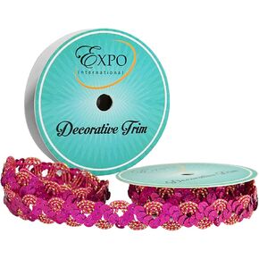 Expo International Oona RIC Rac Cord & Zig Zag Hologram Sequin Spool | Fuchsia | (3 Yard Cut) Trim, 3 yd in Kuwait