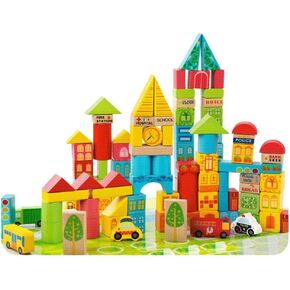 PowerTRC Wooden City & Transportation Colorful Building Blocks for Boys & Girls | Toddler Construction Stacking Toy Set with Storage Container (100 Pieces)