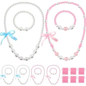 6 Sets Princess Party Favors Beaded Necklace and Beads Bracelet Tea Party Pretend Jewelry Costume Jewelry Necklace Pearls Jewelry Set with Pink Velvet Pouch for Birthday Party Filler Cosplay Role Play in Saudi Arabia