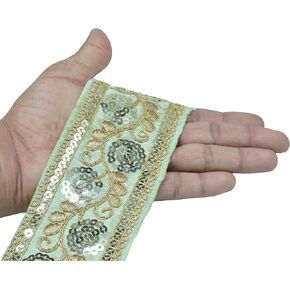 Raw Silk Sequence Floral Border Lace 9.2 Yards/8.5 Meters for Saree Blouse Dupatta Lehenga Sewing Designing Crafts etc. (6 cm Wide) (Pista Green), (ART-28042022A) in Kuwait