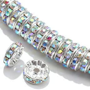 100Pcs Rondelle Spacer Beads Round Crystal Charms Czech Rhinestone Silver Plated Spacer Loose Beads for DIY Bracelet Necklace Jewelry Making Supplies (4MM, AB Crystal)