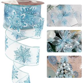HUIHUANG Snowflake Glitter Wired Ribbon, Blue and White Snowflake Ribbon for Christmas Tree, 2-1/2" x 25 Yards Christmas Ribbon for Tree, Bows Making, Wreaths, Gift Wrapping, Home Decor, Crafts