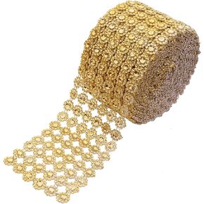 YYaaloa Crafts Faux Diamond Bling Wrap 4" x 10 yards 6 Rows Gold Flower Pattern Faux Rhinestone Crystal Mesh Ribbon Roll for Wedding, Party, Centerpiece, Cake, Vase Sparkling Decoration (Gold)