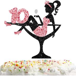 Sitting Girl Cake Topper Picks for Girl Lady 10th Birthday Makeup Spa Theme Party Decoration Supplies 10 Silhouette High Heeled Girl Cake Decor Rose Gold Glitter