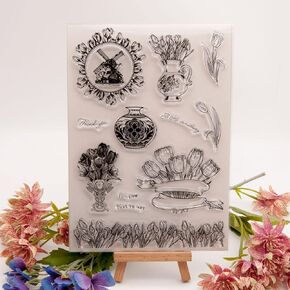 Large Arrange Flowers Vase Bouquet Windmill House Clear Stamps Transparent Silicone Stamp Album Cards Rubber Stamp for Card Making Decoration and DIY Scrapbooking