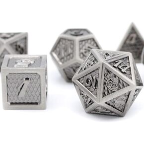 HEIMDALLR Metal DND Dice Set 7 pcs - Dragonhide Design, 16mm Size, Logo on D20; Metal Dice Set & Dice Box; D&D Dice Set D&D (Dungeons and Dragons Dice Set) - Jormungandr Series (Abyss Dweller)