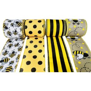 Bumble Bee Ribbon Wired 26 Yard Polka Dot Wired Edge Fabric Ribbon Bee Vertical Stripe Craft Ribbon Decorative Ribbon DIY for Wrapping, Party Decoration, Hair Bows, Crafting and Sewing